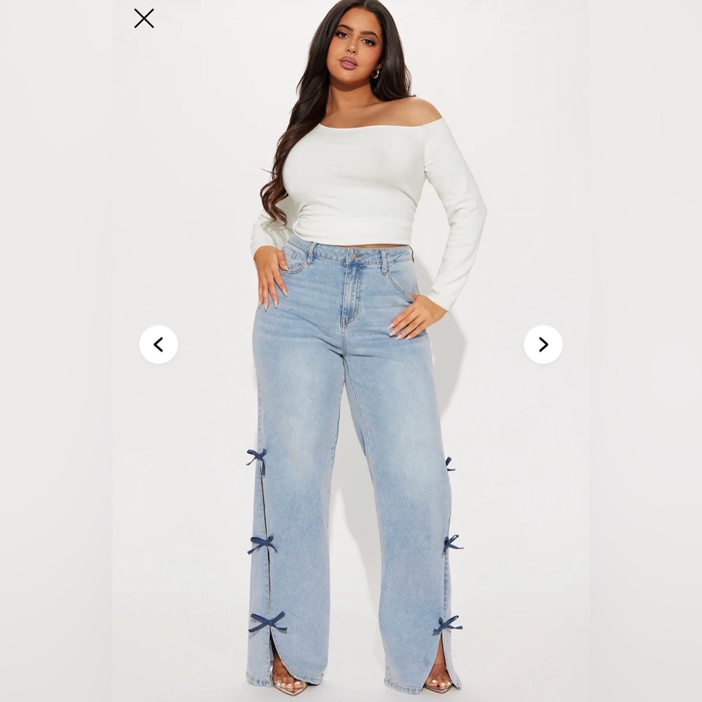 Fashion Nova Light Blue Flare Jeans with Bow Accents